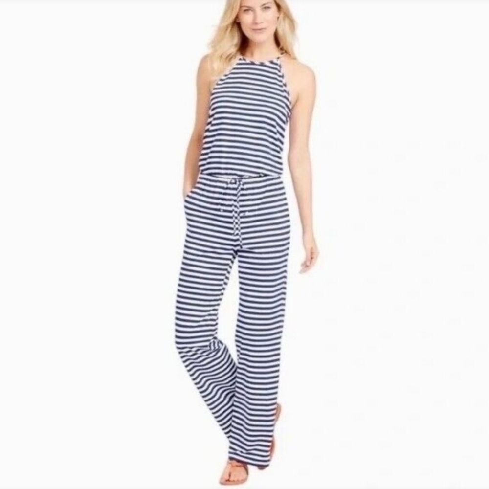 J. MCLAUGHLIN Larson Catalina Cloth Navy White Striped Sleeveless Jumpsuit Sz XL